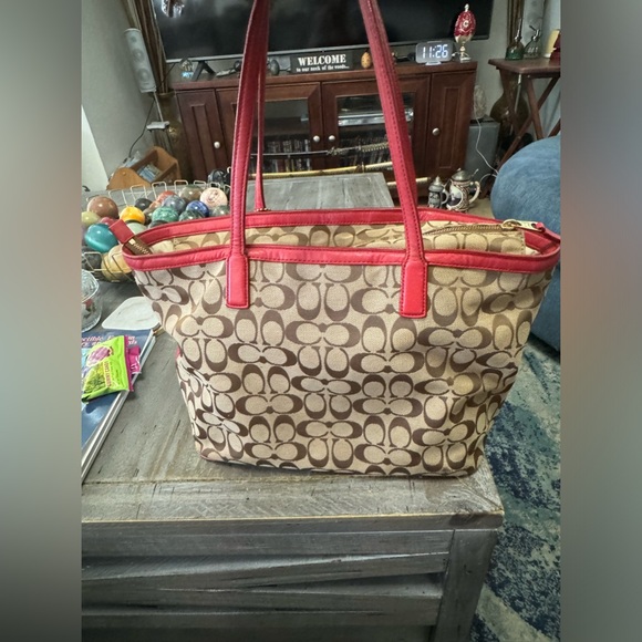 Coach 23465 Signature Canvas Weekend Zip Top Tote Bag Purse Handbag Red Khaki - Picture 2 of 16